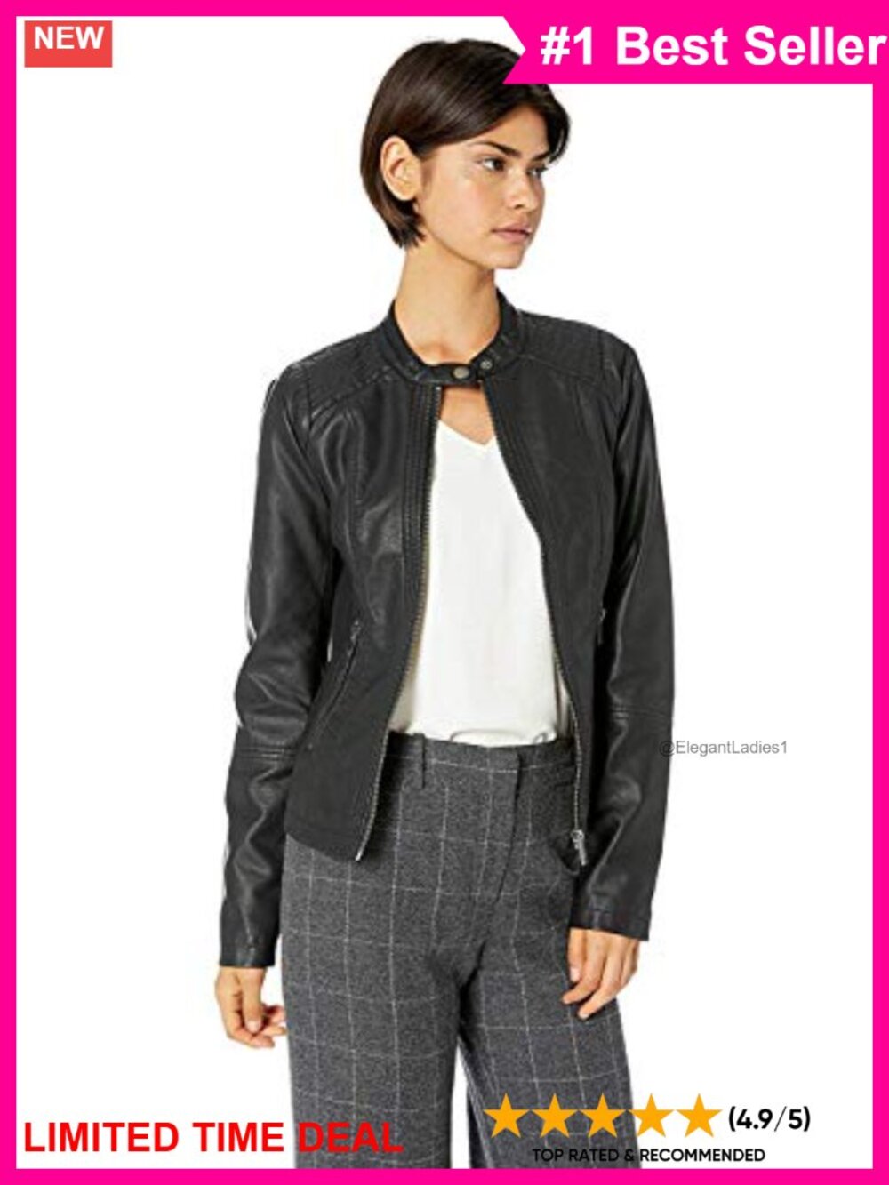 Faux Leather Moto Jacket with Zip Pockets & Knit Stretch Panels